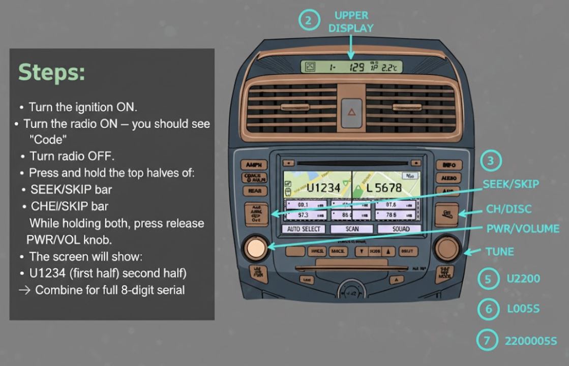 Honda navigation serial number SEEK SKIP CH DISC PWR VOL buttons